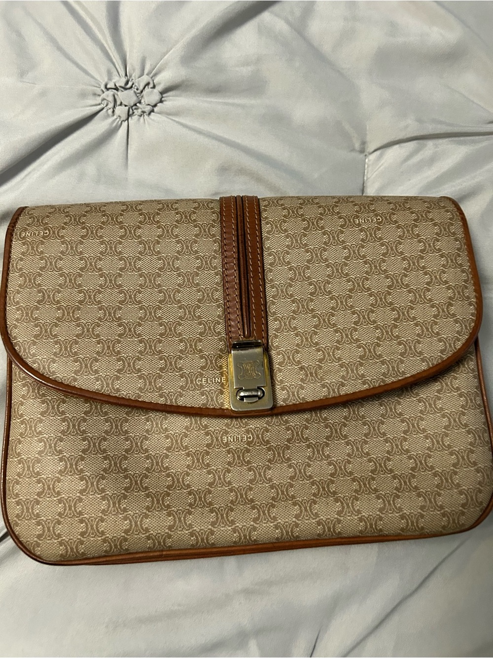 Celine Beige Monogram Messenger Bag with Brown Trim